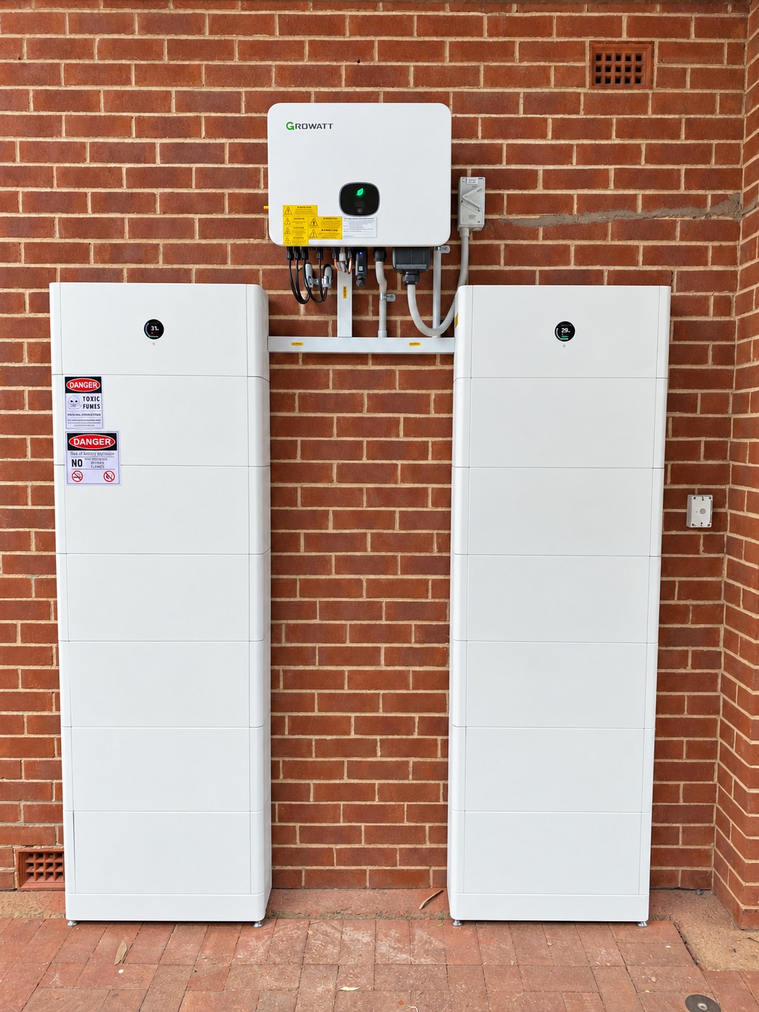 Battery towers and hybrid inverter installed at the home