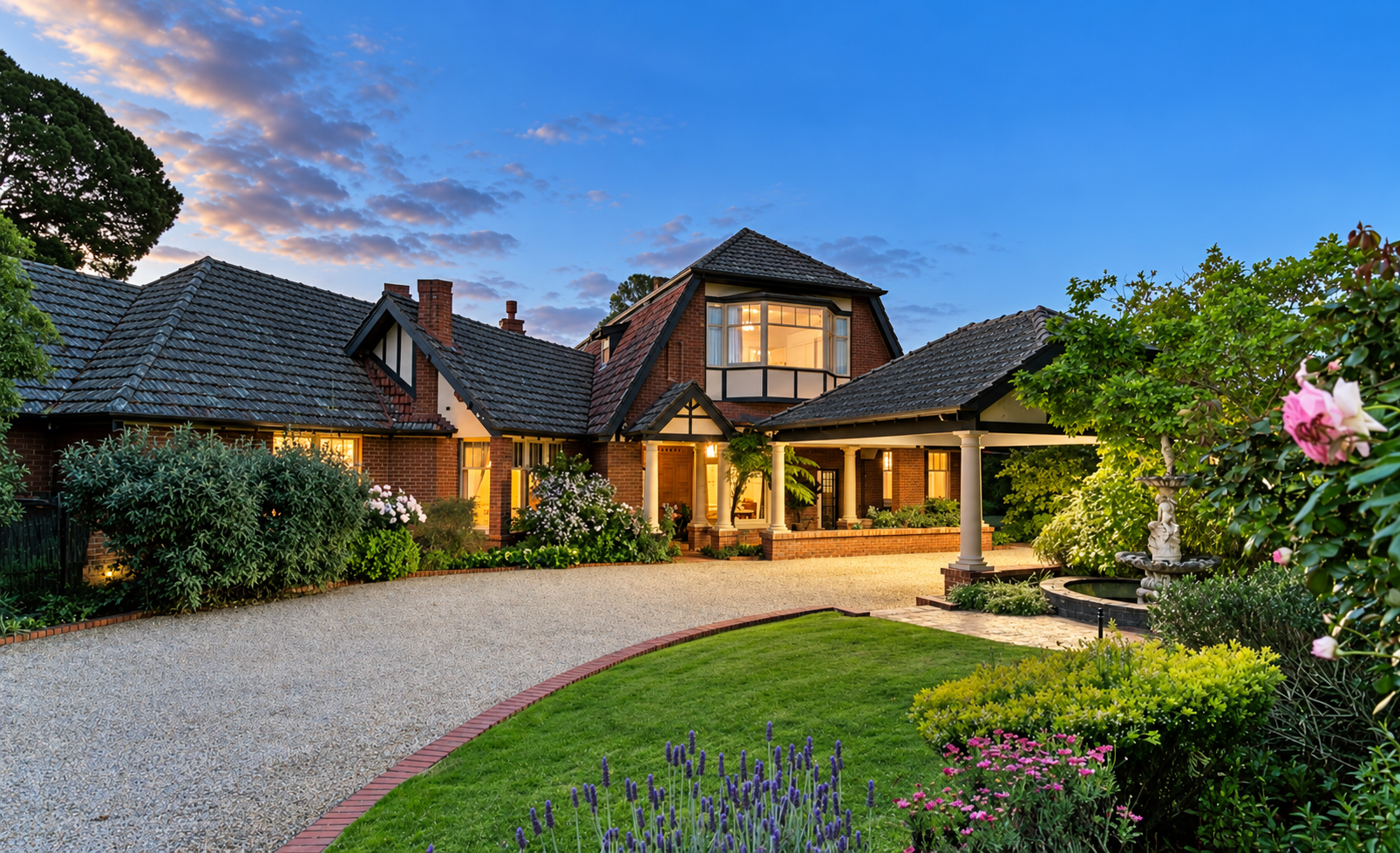 Tudor-style Adelaide home with steep rooflines and a landscaped garden