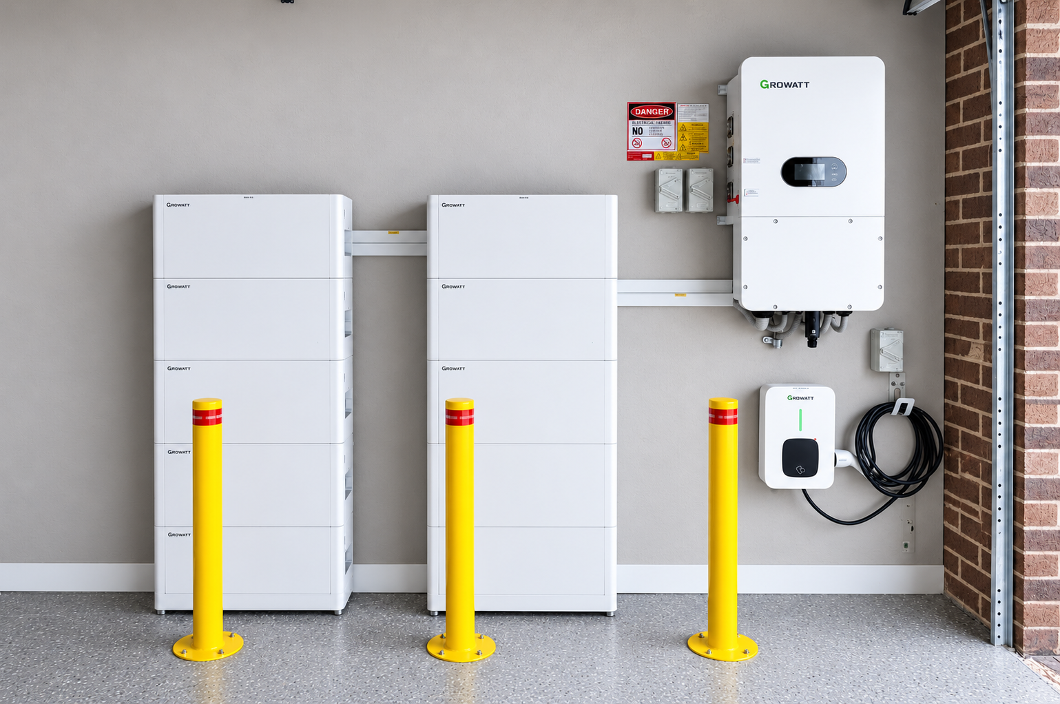 Home battery installation with two battery towers and an inverter