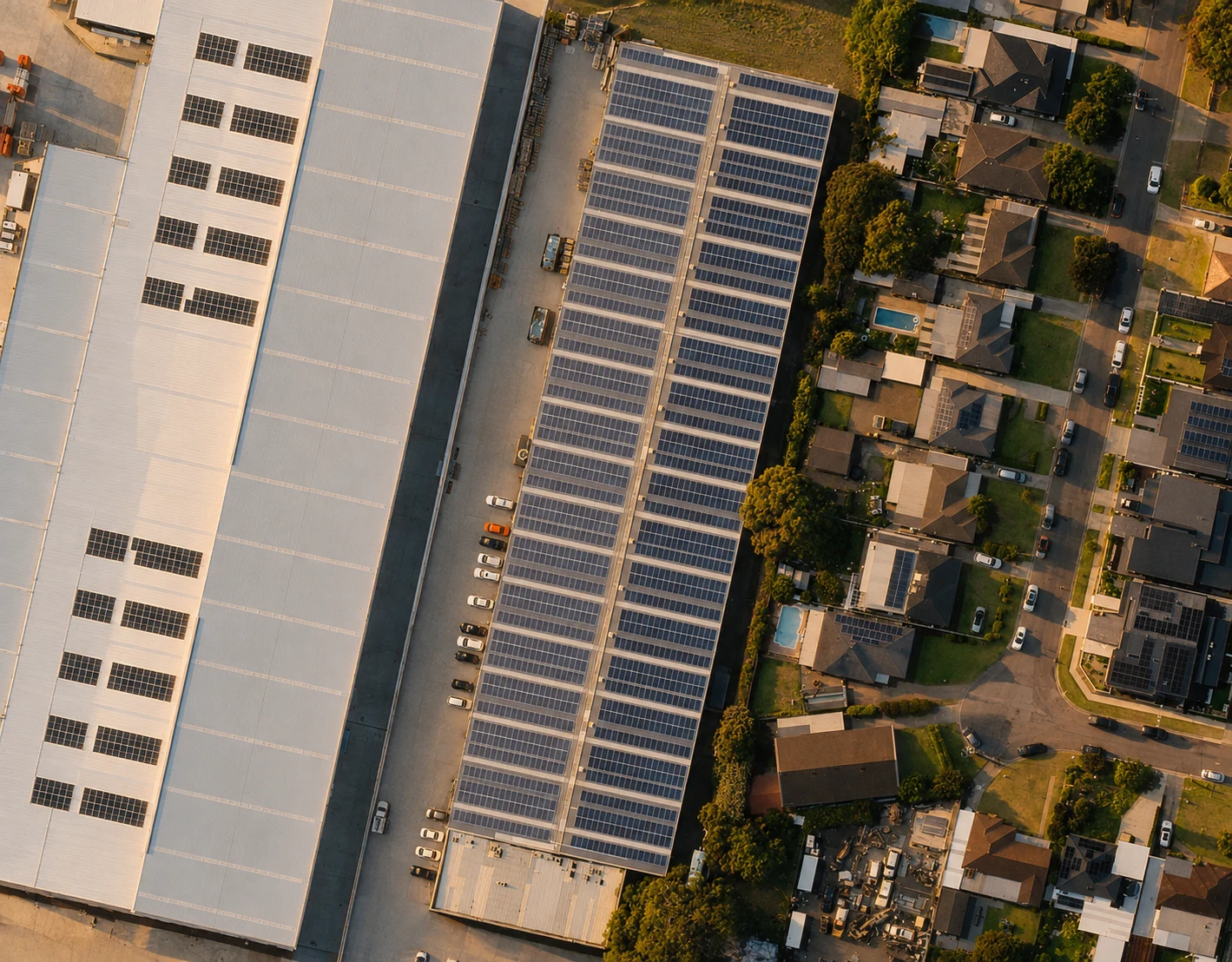 Smithfield factory rooftop solar installation, aerial view